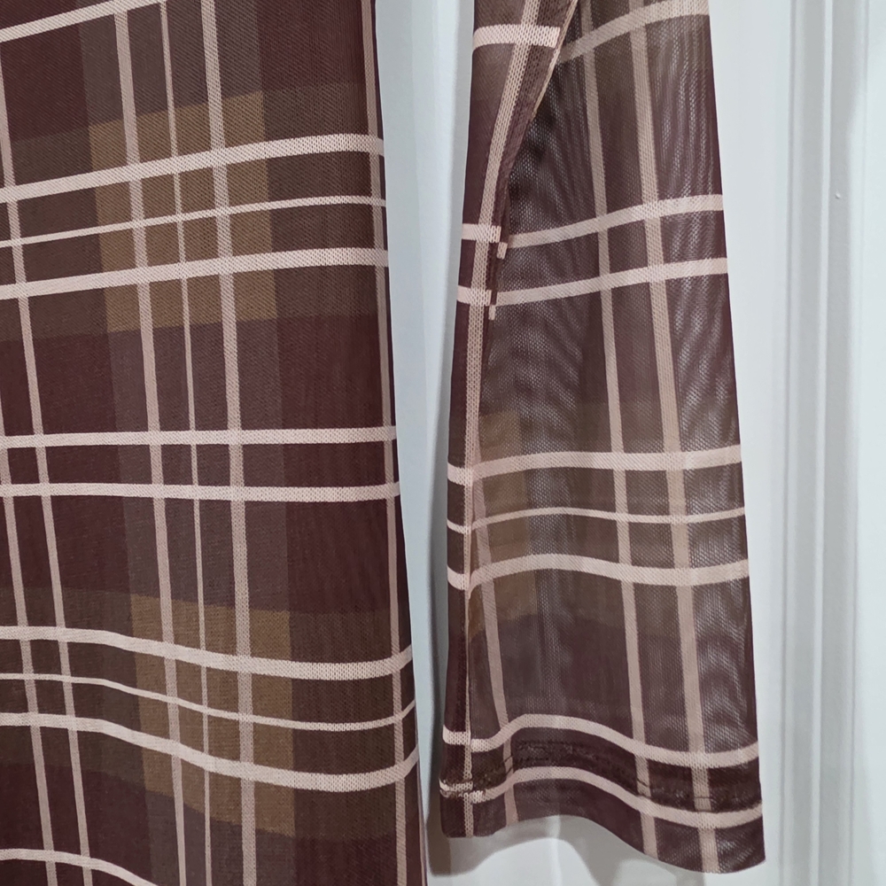Commense Brown and Cream Plaid Long Sleeve Dress - Picture 2 of 2